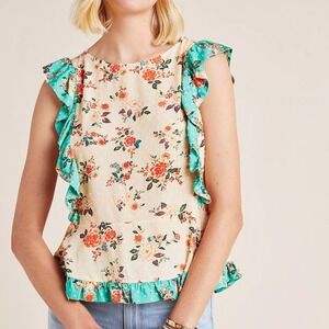 Farm Rio Anthropologie Farm Rio Maggie Ruffled Blouse Womens L Swiss Dot Floral